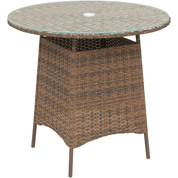 Wyld Haus Rotasa Rattan Brown Outdoor Rpund Coffee Table With Tempered Glass Top And Parasol Hole