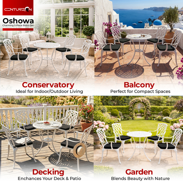 Centurion Supports OSHOWA Luxurious Garden and Patio Table and 4 Large Chairs with Armrests Cast Aluminium Bistro Set - White with Black Cushions