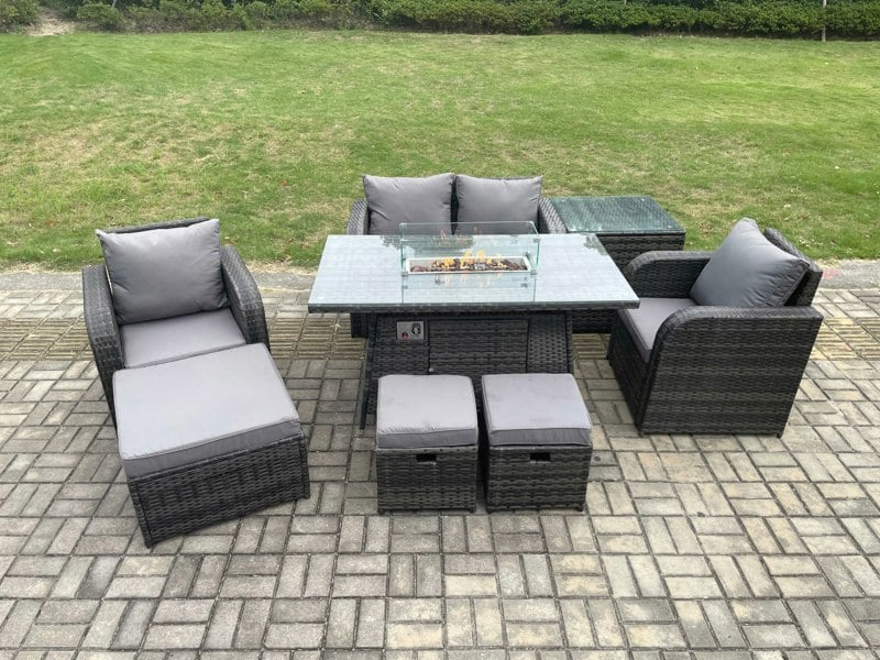 Fimous Rattan Garden Furniture Set Outdoor Patio Gas Fire Pit Dining Table and Chairs with Love seat Sofa 3 Footstools Side Table