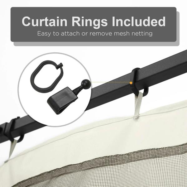 White mesh sidewall netting with curtain rings and clip fasteners for canopy poles