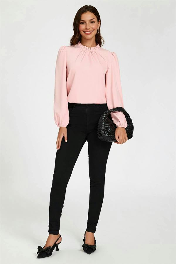 FS Collection Floral Print Frill Detail High Neck Top In Pink