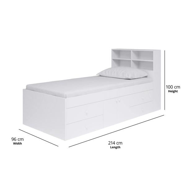 Dimensions of the white bed frame that takes into account the headboard attachment.
