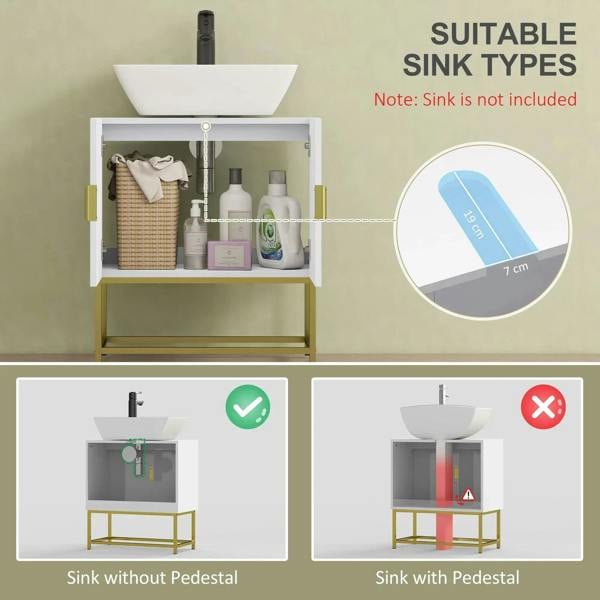 White bathroom under-sink cabinet with 2 doors and gold base legs, front view