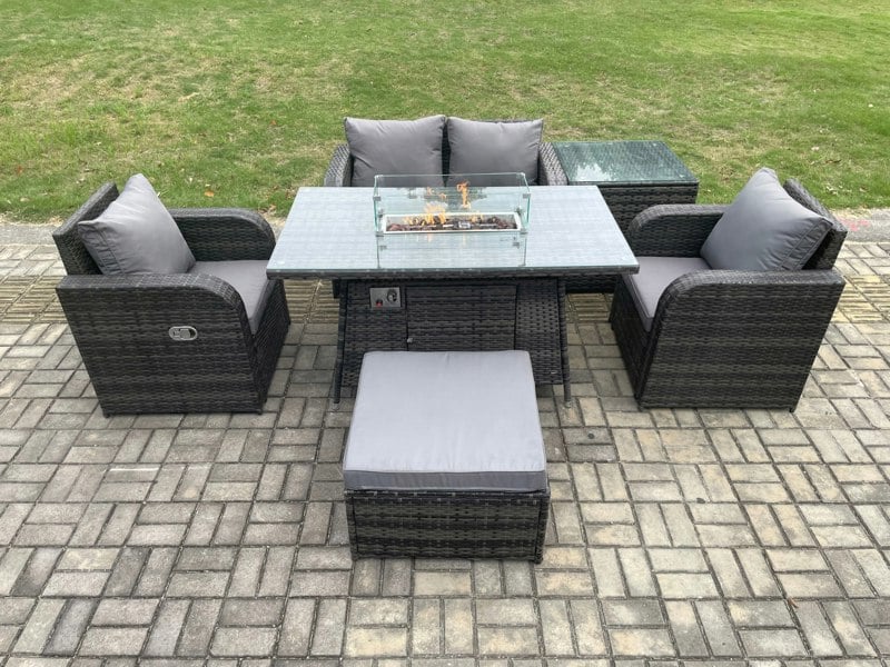 Fimous Rattan Outdoor Garden Furniture Set Gas Fire Pit Dining Table with Side Table Chair Love seat Sofa Footstool