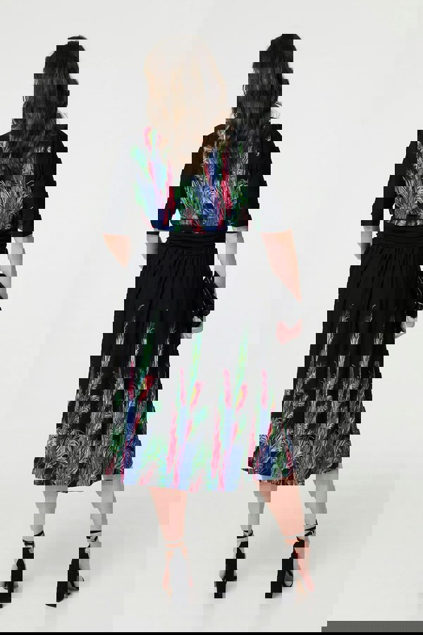 Green | Feather Print Faux Wrap Front Midi Dress