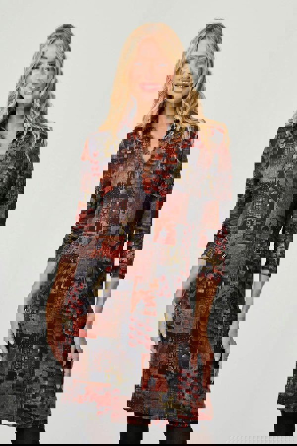 Brown | Printed 3/4 Sleeve Collared Short Dress
