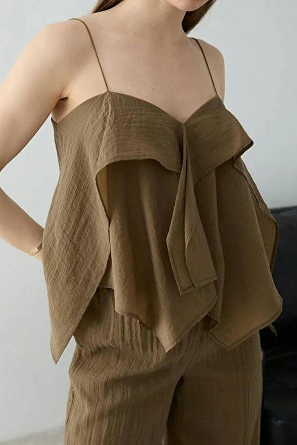 WOVCOR 2-Piece Thin Strapped Ruffled Woven Blouse and Pants Set