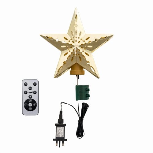 Outdoor Living Gold Star Tree Topper — Cut-Out Snowflake Design, Celestial Glow Rotating Star with Remote Control