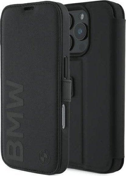 BMW Signature Leather Wordmark Bookcase for iPhone 16 Pro 6.3" Black - BMBKP16L23RMRLK