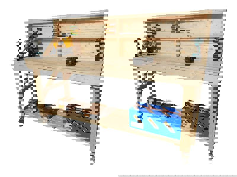 Acorn kiln-dried wooden workbench with back panel and wheels ideal for workshops and garages