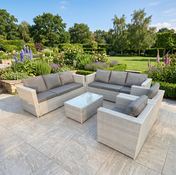 Fimous Light Grey Outdoor PE Rattan Garden Furniture Set Wicker Sofa Set Oblong Coffee Table 2 Armchair