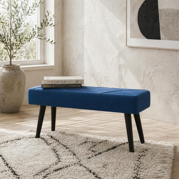 Wyld Haus Mazuka Blue End Of Bed Bench With X Frame Black Metal Legs Geometric Pattern
