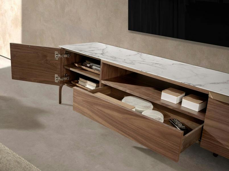 Angel Cerdá Walnut TV Stand With Imitation Marble Glass Top 3078
