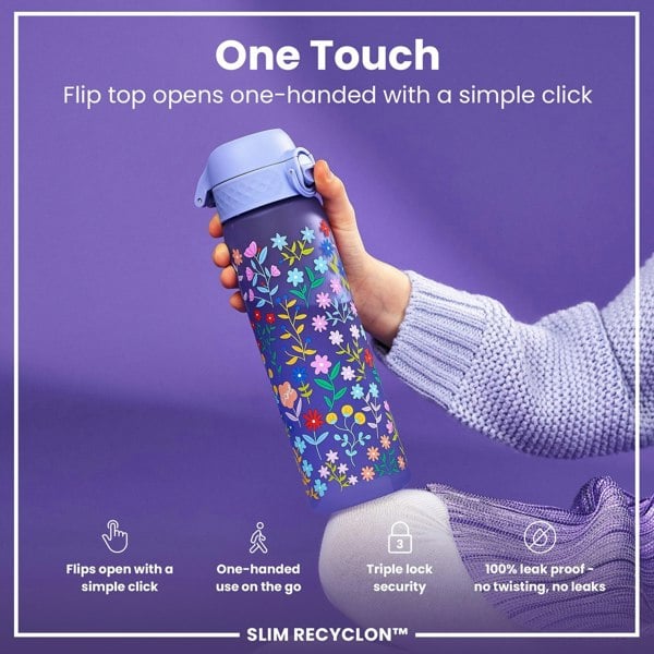 ION8 Leak Proof Slim Water Bottle, Recyclon, Ditsy Floral, 500ml (18oz)