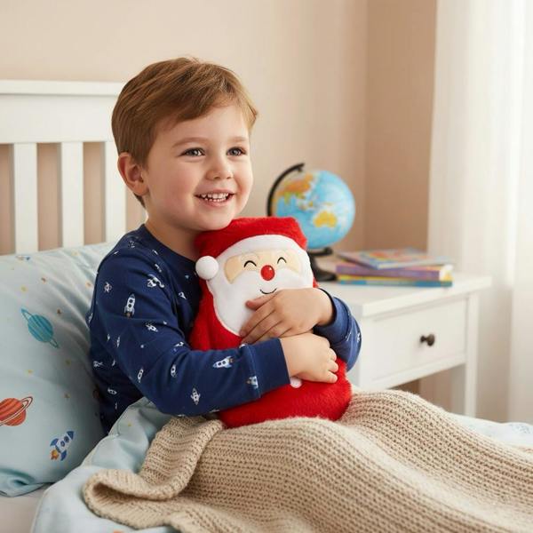 A smiling young boy in rocket pyjamas sitting in bed and hugging a plush red Santa Claus hot water bottle with a fuzzy white beard.