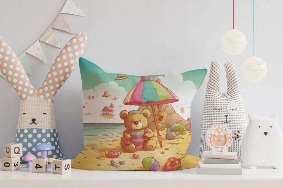 Warren Reed Teddy Bead On A Beach Holiday Cushions