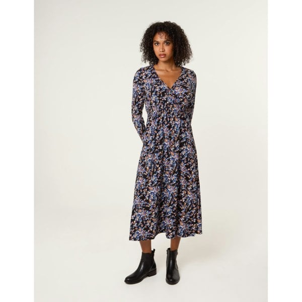 Blue Vanilla Floral V Neck Wrap Long Sleeve Midi Dress