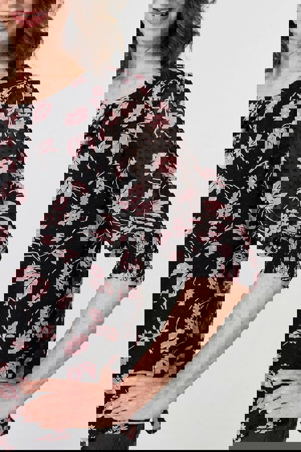 Black | Floral Relaxed 1/2 Puff Sleeve Blouse
