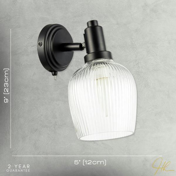 Classy Matte Black Switched Wall Light with Clear Ribbed Glass Shade Image 7
