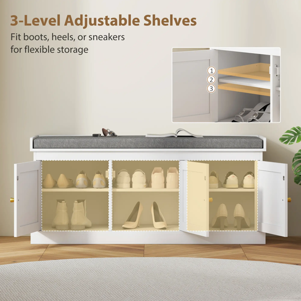 HOMCOM Shoe Storage Bench with 3 Rattan Doors, Padded Cushion, Entryway Shoe Bench