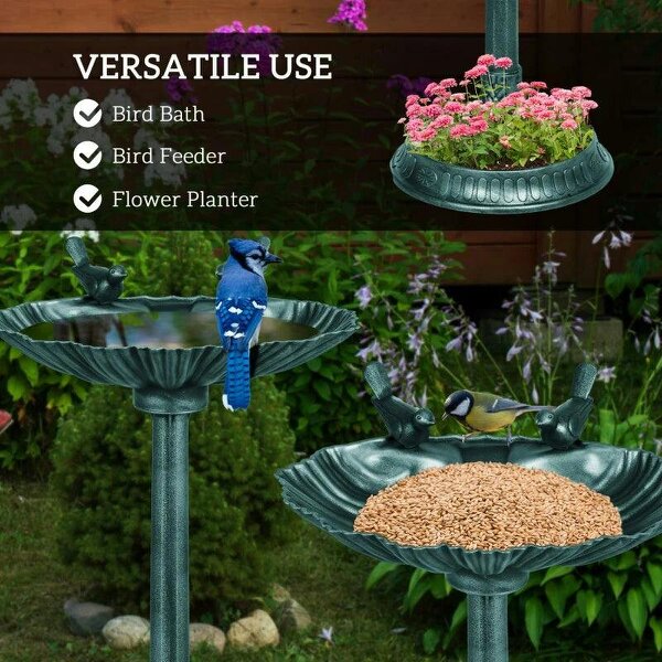 81cm Tall Bird Bath with 2 Decorative Birds, Vintage Style Birdbath with Flower Planter Base, Bird Bath Bowl for Garden, Green