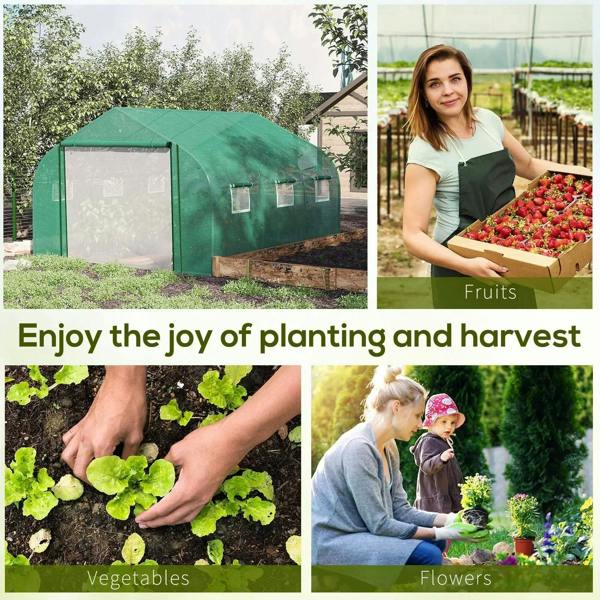 Green outdoor walk-in greenhouse with mesh panels and PE cover, full structure view