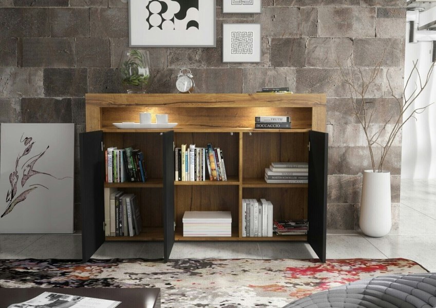 Mex Furniture Contemporary 155cm Sideboard TV Stand Cupboard Cabinet – Black Matt Doors & Free LED