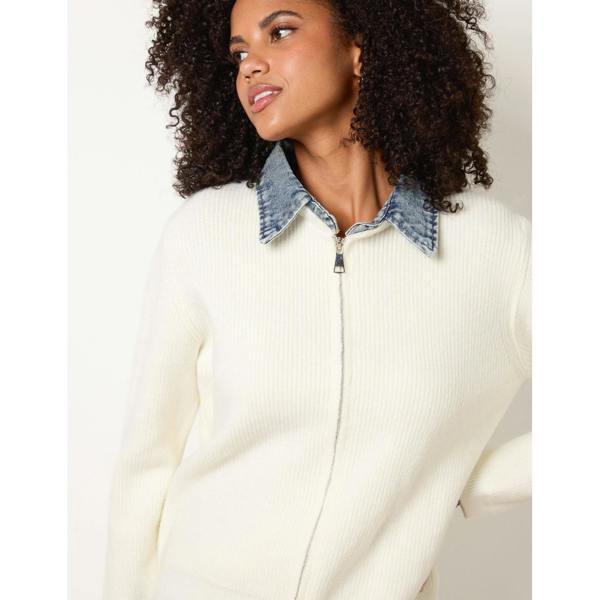 Blue Vanilla Knit Cardigan With Denim Collar Trim
