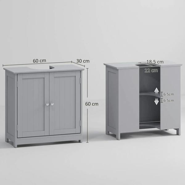 Grey freestanding under-sink cabinet, front and side view, double doors and shelf