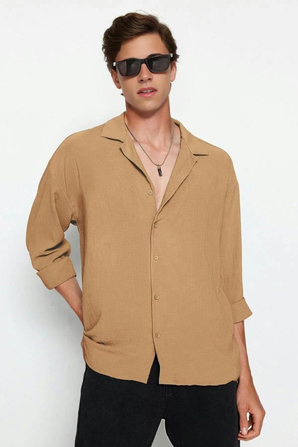 WOVCOR Oversize Fit Open Collar Linen Look Men’s Shirt