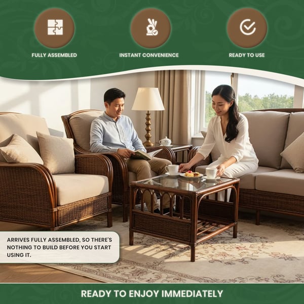 Verona Cane Coffee Table in Mahogany Colour Finish with Tempered Glass Top, Designed to Match the Verona Cane Suite Range