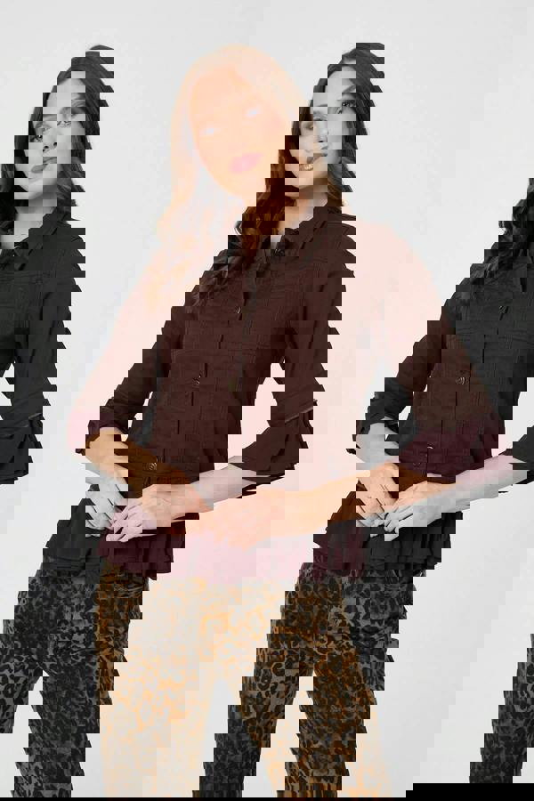 Brown | Frilled Hem 3/4 Flare Sleeve Shirt : Model is 5'9"/175 cm and wears UK8/EU36/US4/AUS8