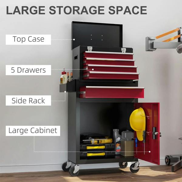 Tool storage chest with open top compartment and drawers, red cabinet door, side rack