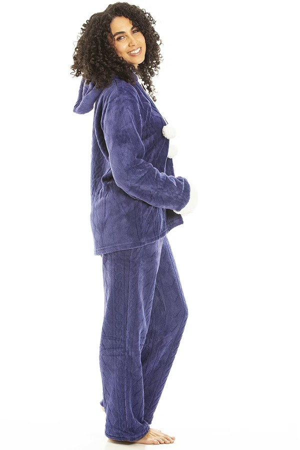 Camille  Womens Navy Supersoft Fleece Hooded Pyjama Set