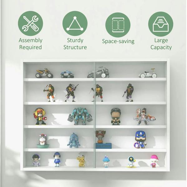 White wall display cabinet with glass door and neatly arranged shelves of figurines