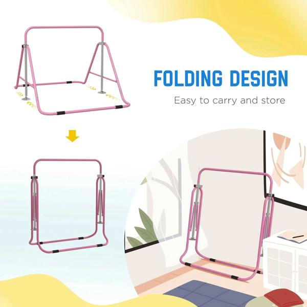 Pink foldable kids gymnastic bar with low frame and carry-friendly compact shape