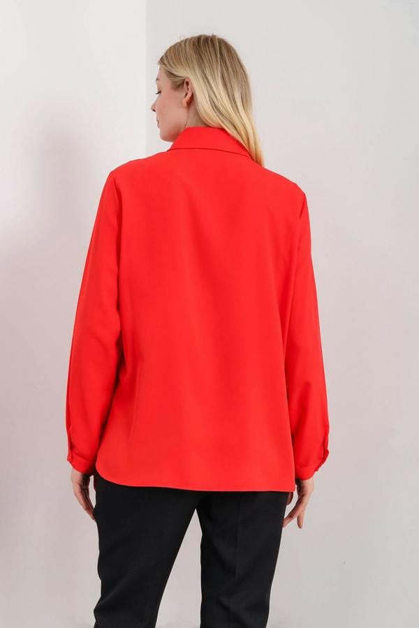 Hoxton Gal Oversized Frill Detailed Long Sleeves Blouse Shirt in Red