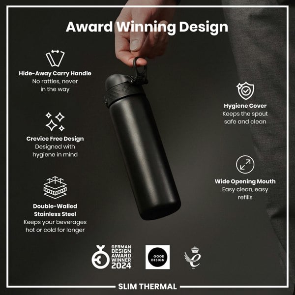 A hand holds a black, double-walled stainless steel thermal bottle; features include a hide-away handle, crevice-free design, hygiene cover, and wide mouth. It's an award-winning design.