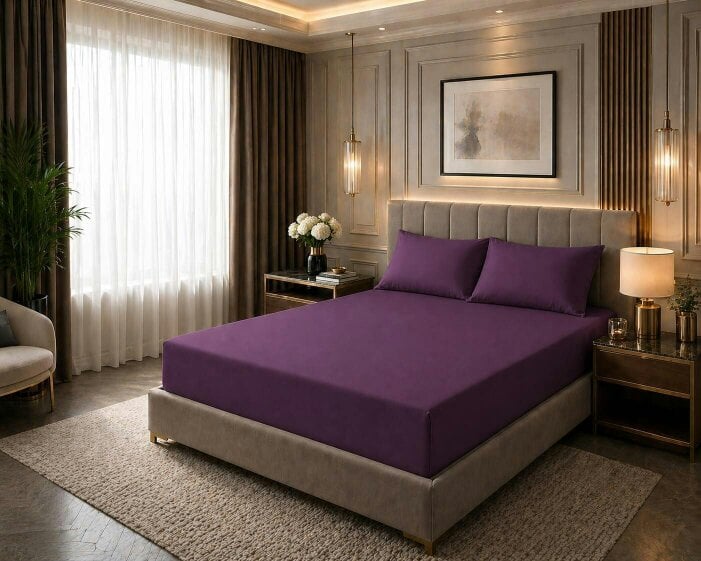 Night Zone 180 Thread Count Percale Fitted Sheet 25cm Deep – Polycotton Easy Care Bed Sheet - Plum