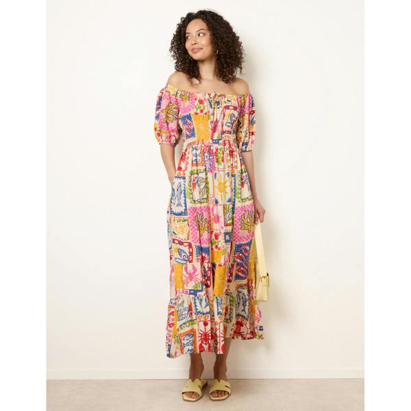 Blue Vanilla Postcard Tie Front Bardot Shirred Midi Dress