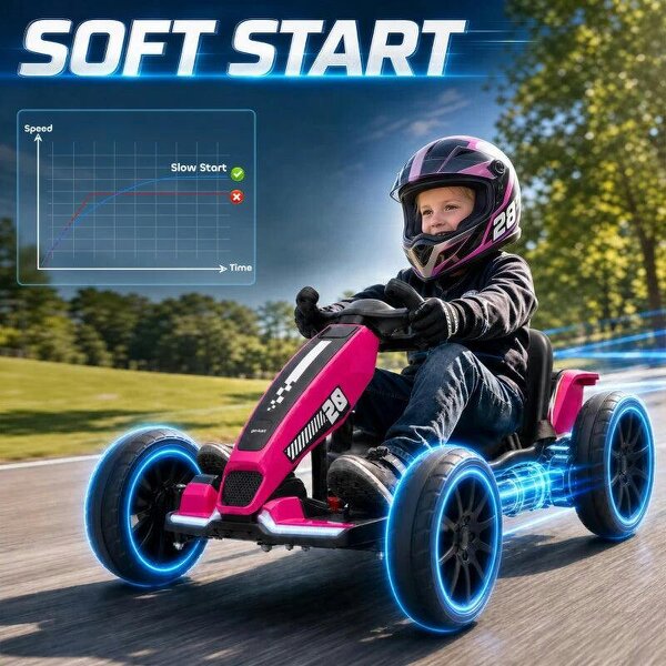 12V Electric Go Kart for Kids with Dual Motors, Adjustable Seat, Soft Start, LED Lights, EVA Wheels, for Age 3-6, Pink