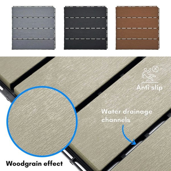 Oseasons Polydeck (Pack of 12) Woodgrain-Effect 30x30cm Decking Tiles in Beige