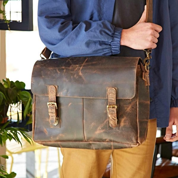 Paper High Brown Buffalo Leather Satchel Style Messenger Bag