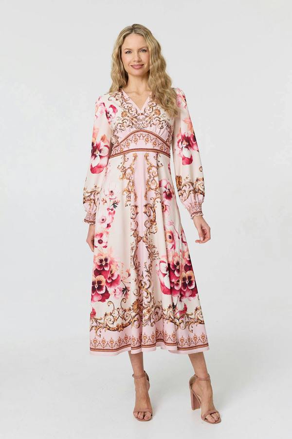 Pink | Baroque Print Long Sleeve Midi Dress