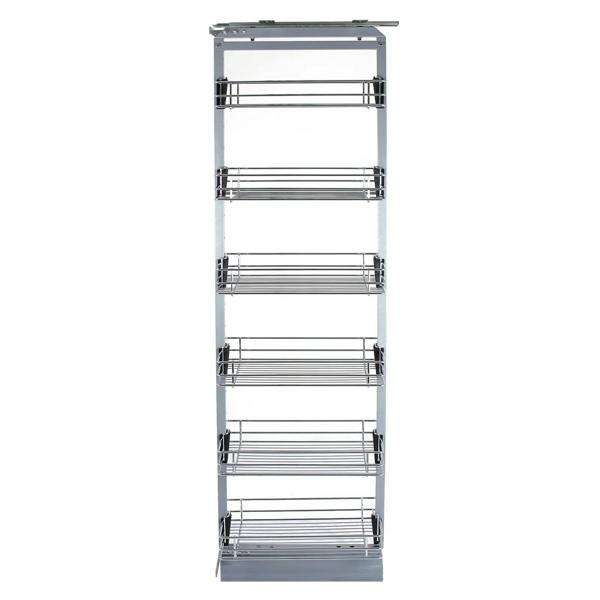 KuKoo pull-out soft close kitchen larder with five wire shelves, sleek silver finish, designed for efficient storage in tight spaces