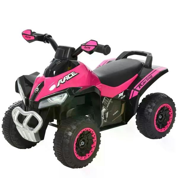 Pink kids 4-wheel ride-on motorcycle toy in full view with black seat and details