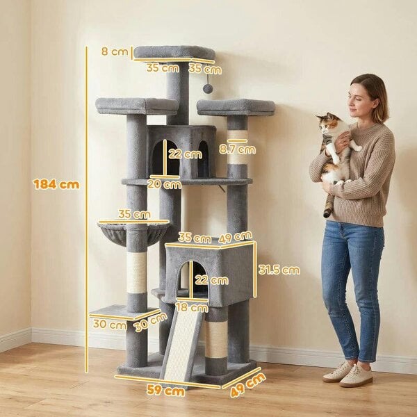 184cm Large Cat Tree for Indoor Cats, Multi-Level Tall Kitty Tower with 3 Scratching Posts, 2 Condos, 3 Padded Beds