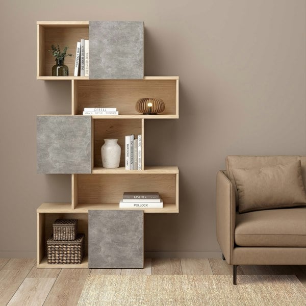 Furniture To Go Maze Asymmetrical Bookcase with 3 Doors in Jackson Hickory and Concrete