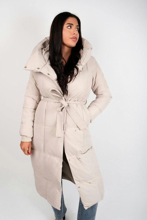 Velina Longline Puffer Coat With Belted Waist - Beige