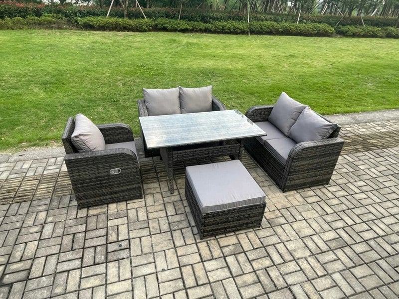 Fimous Lounge Rattan Sofa Set Outdoor Garden Furniture Oblong Rectangular Dining Table With Chairs Big Footstool Dark Grey Mixed